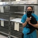 UC Davis veterinary technician holding a cat in the new feline suite
