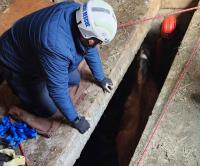 rescuer looking down at horse in narrow hole