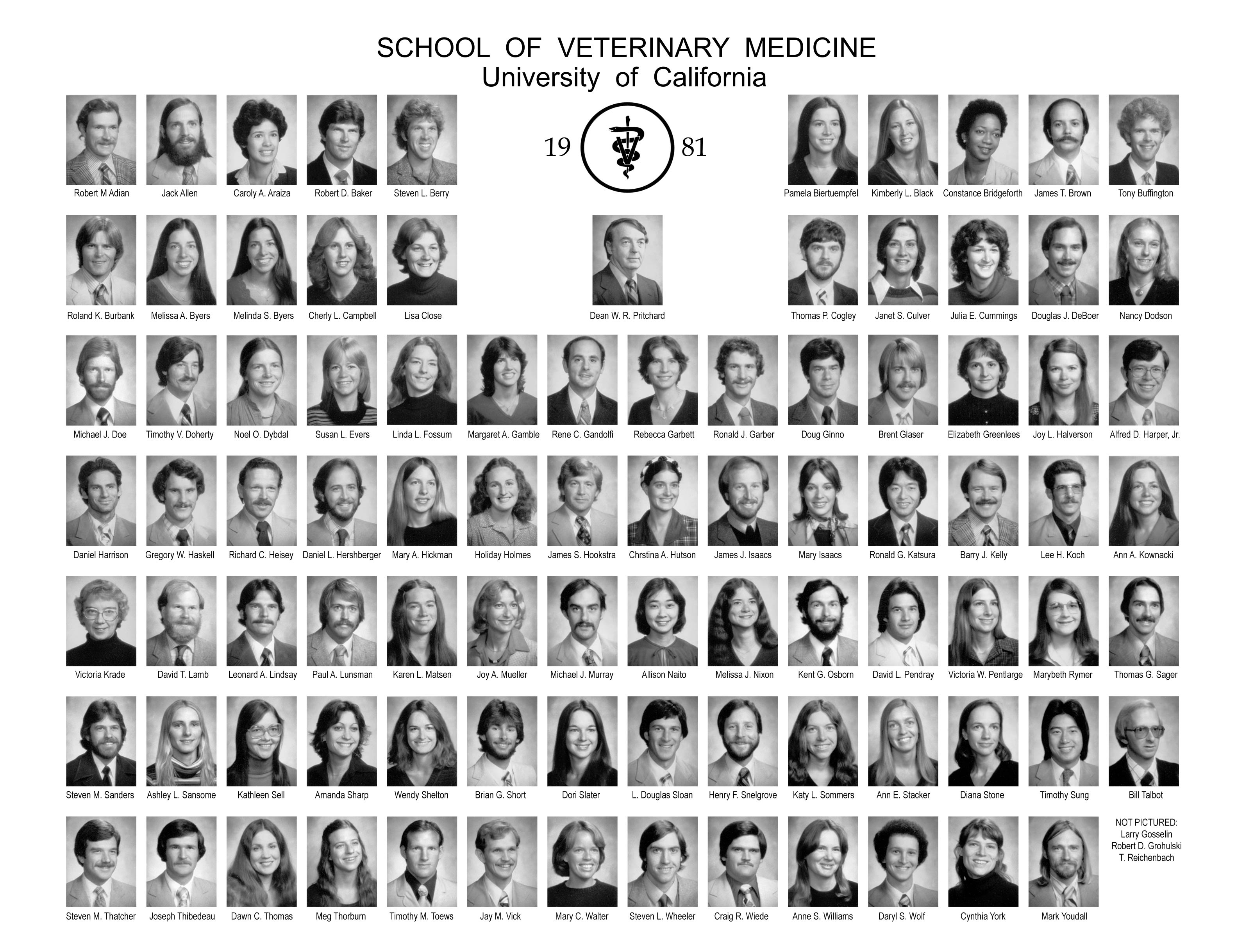 Black-and-white headshot grid, UC School of Veterinary Medicine roster