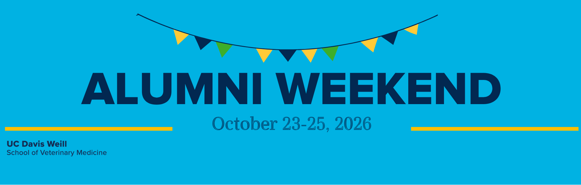 Graphic banner reading ALUMNI WEEKEND October 23-25, 2026 on blue background with colorful bunting