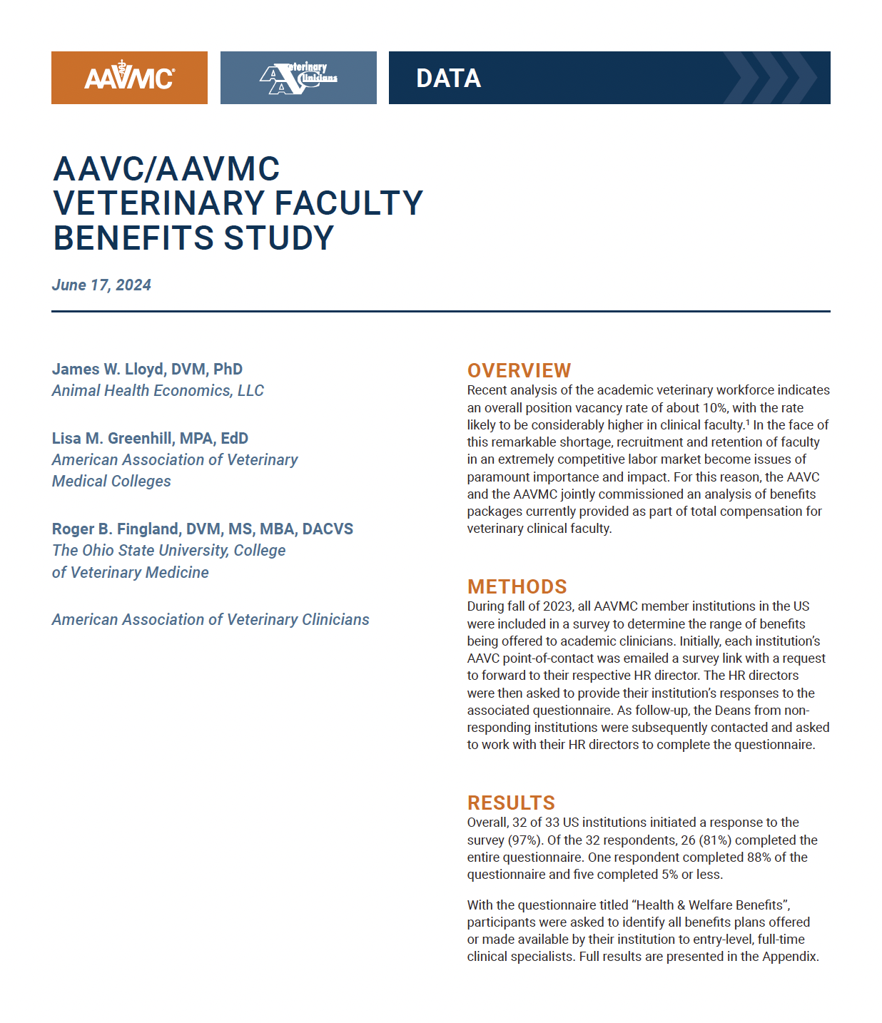 Cover of AAVC/AAVMC Veterinary Faculty Benefits Study June 17, 2024