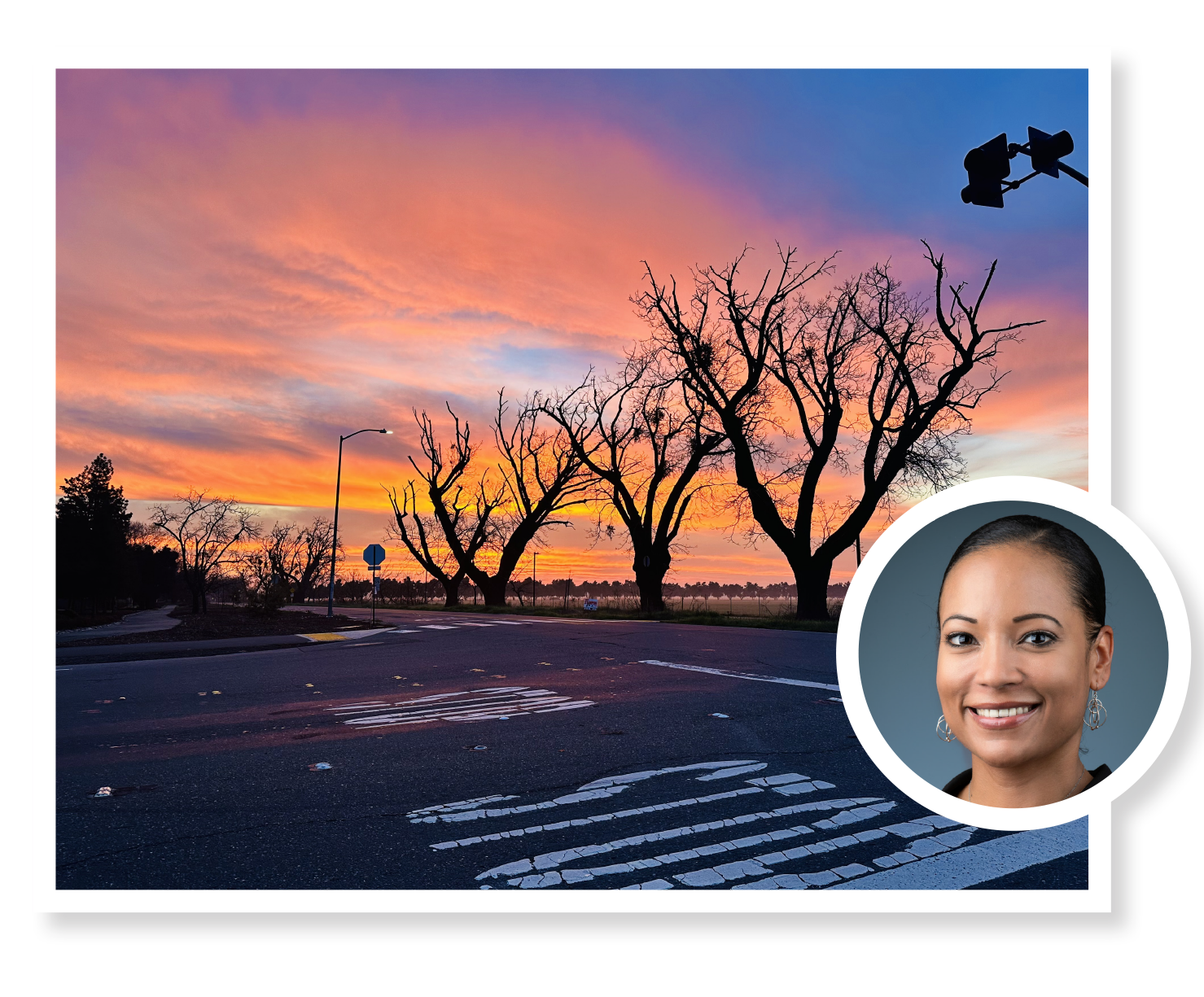 Sunset in Davis with an inset photo of Dr. Crystal Rogers.