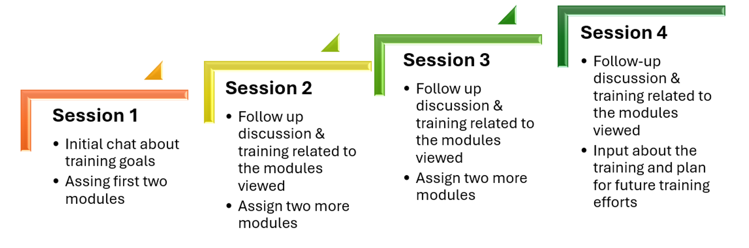 Flowchart outlining four training sessions with colored indicators and brief descriptions.