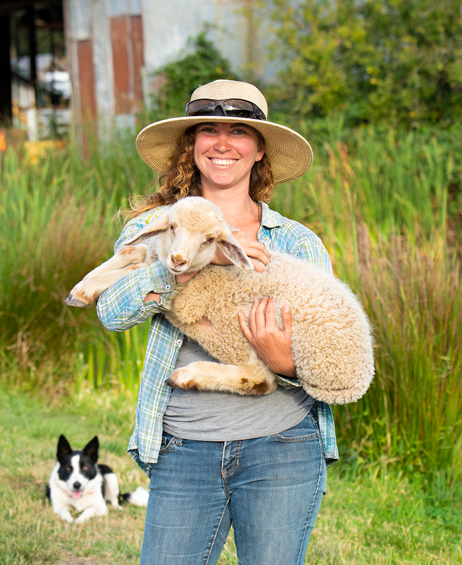Woman holding a sheep with a dog nearby