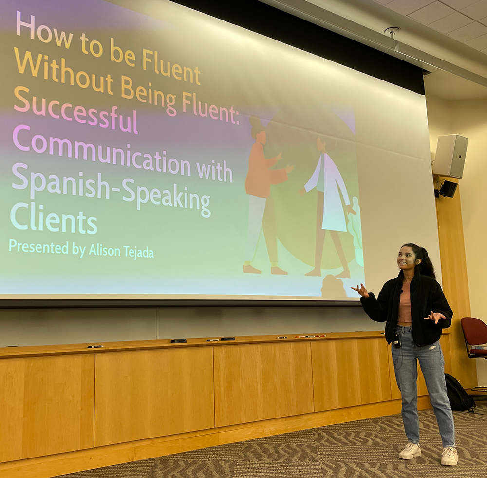 Veterinary student Alison Tejada presents to the school community on successful communication with Spanish-speaking clients. Her presentation was part of a year-long series on diversity education presented by students.
