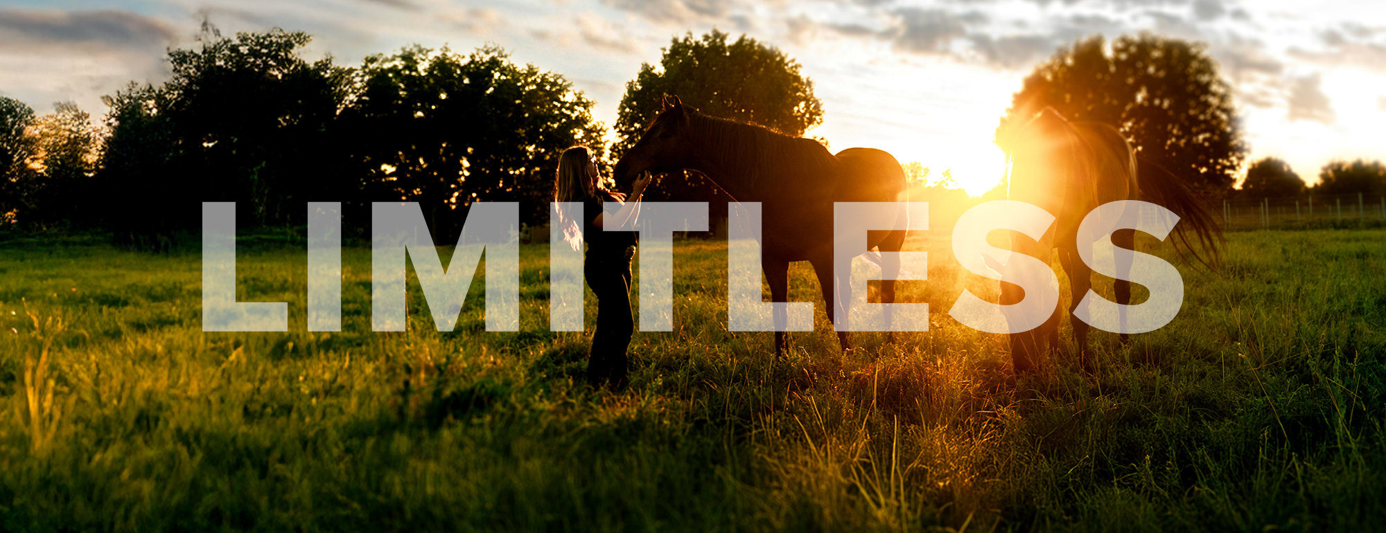 A woman with two horses standing in a green field during sunset with an overlay of the word "Limitless."