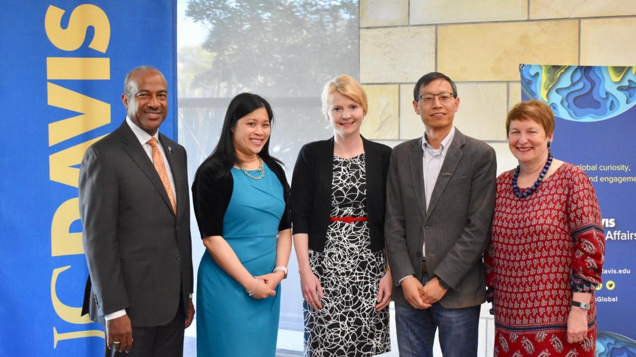 (L-R:): Chancellor Gary S. May, Chancellor's Awardee Whitney Cheung, Chancellor's Awardee Paulina Zielinska Crook, Chancellor's Awardee Huaijun Zhou, Global Affairs Associate Vice Provost Michael Lazzara, Global Affairs Vice Provost and Associate Chancellor Joanna Regulska at the 2020 International Connections Reception. Paulina Zielinska Crook with Chancellor May and other award recipients