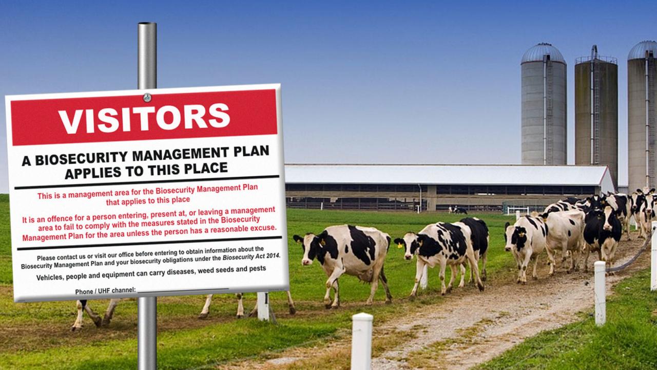 biosecurity sign on dairy farm