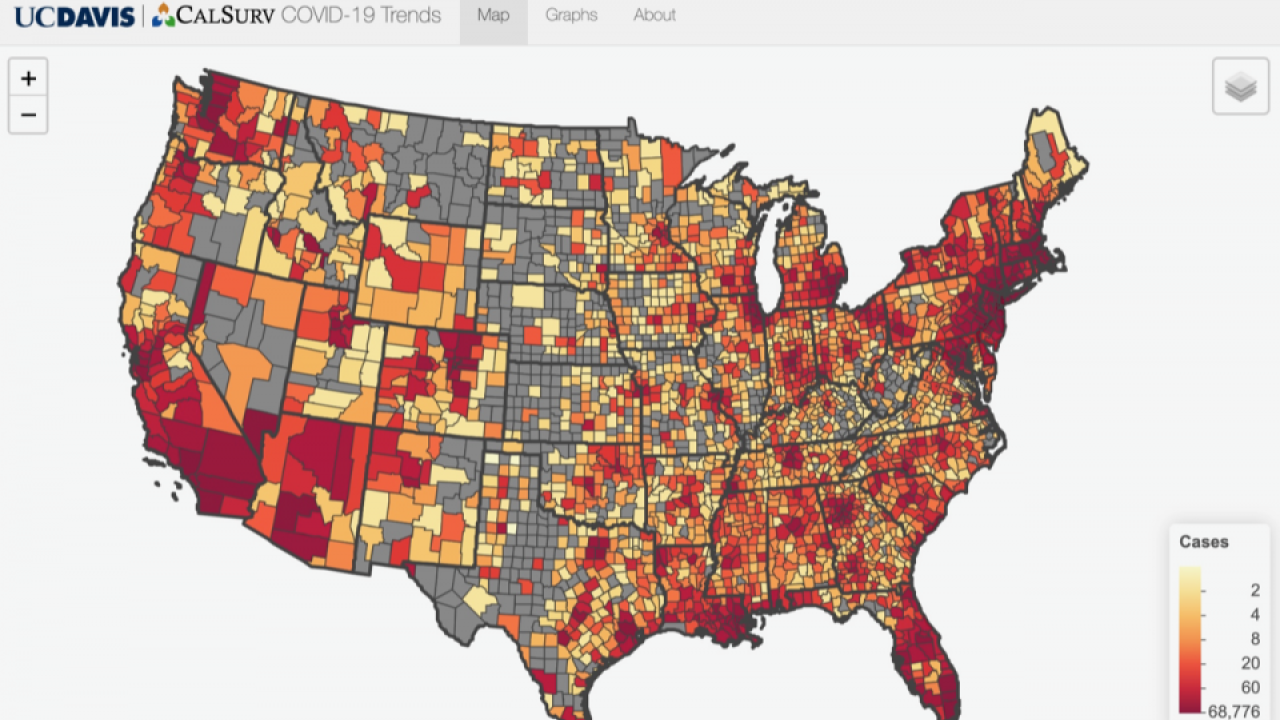 The COVID-19 web app allows users to hover over states with their mouse to find information on cases, testing and deaths over time. (Chris Barker / UC Davis) map showing COVID-19 outbreak across US