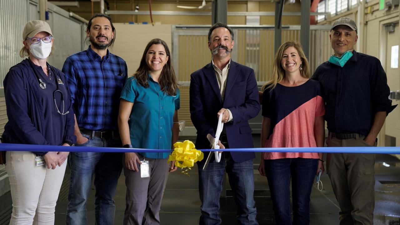 LAC Director Dr. Bret McNabb (with scissors) and equine faculty members celebrate new clinical space.