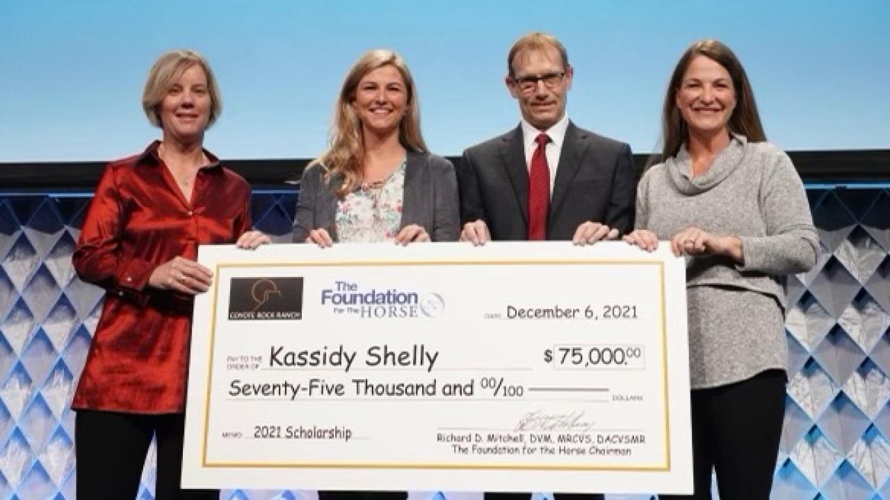 UC Davis DVM student Kassidy Shelly (2nd from left) receives a ceremonial check for the 2021 Coyote Rock Ranch Veterinary Scholarship.