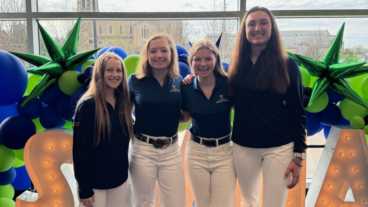 group of veterinary students in matching UC Davis outfits