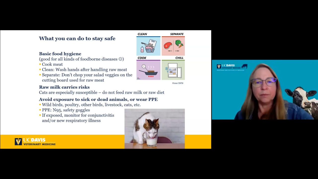 Dr. Ashley Hill discusses how to reduce the risk of contracting avian influenza during a UC Health Grand Rounds webinar on February 19, 2025.