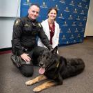 Members of the San Joaquin Sheriff's Department and K-9 Officer Haakon gather at the Center for Companion Animal Health at the UC Davis School of Veterinary Medicine to present a gift to the Faithful Partner fund.