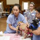 Three UC Davis personnel associated with the Knights Landing One Health Center with two dog patients