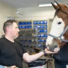 man feeding a treat to a horse