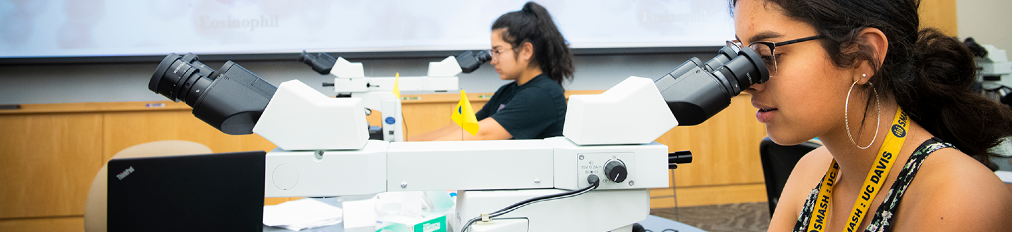 2 students looking through microscopes