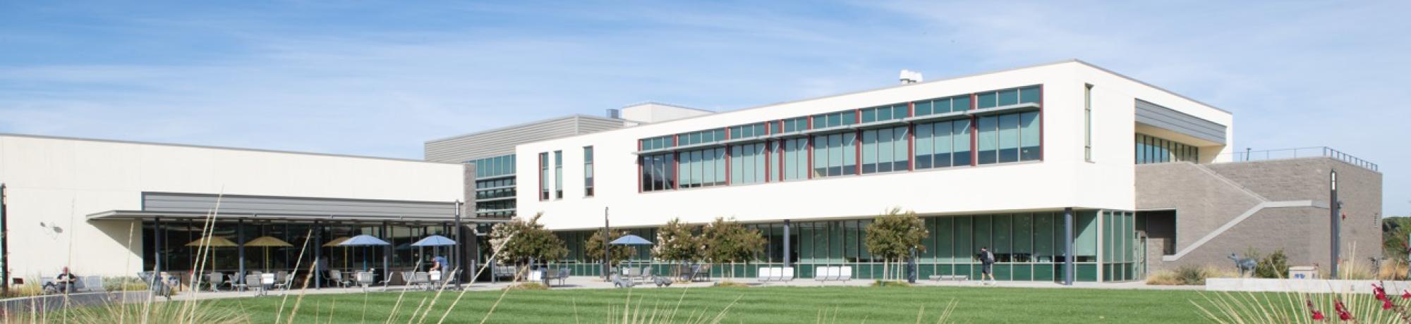 White modern VetMed admin campus building with ornamental grasses in foreground, blue sky