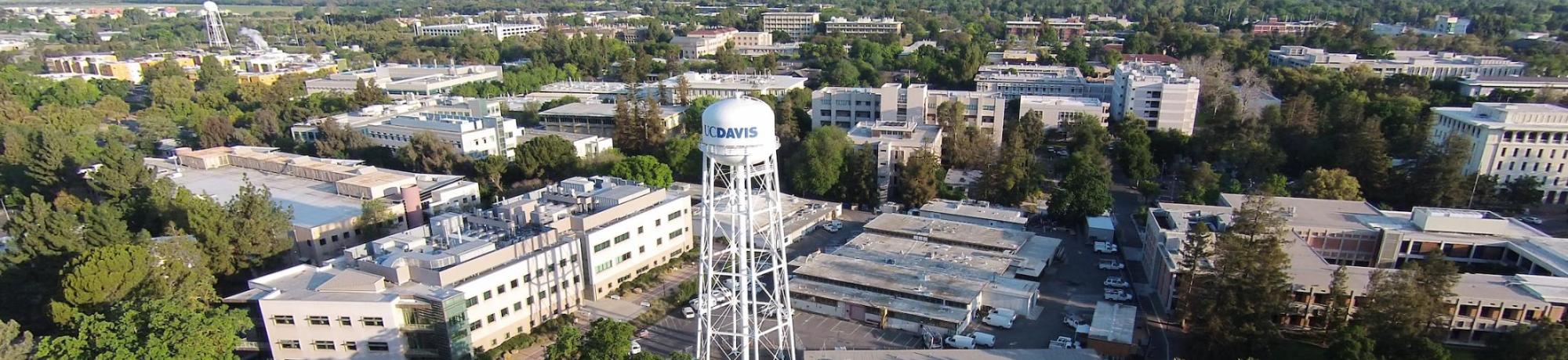 Over-all aerial drone photos of campus landmarks. The campus water tower.