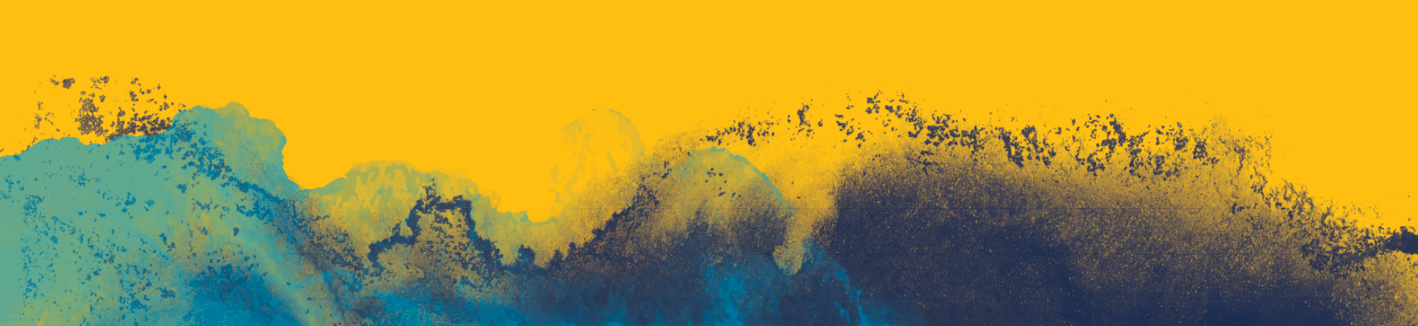 Abstract splash of blue and black hues against a bright yellow background.